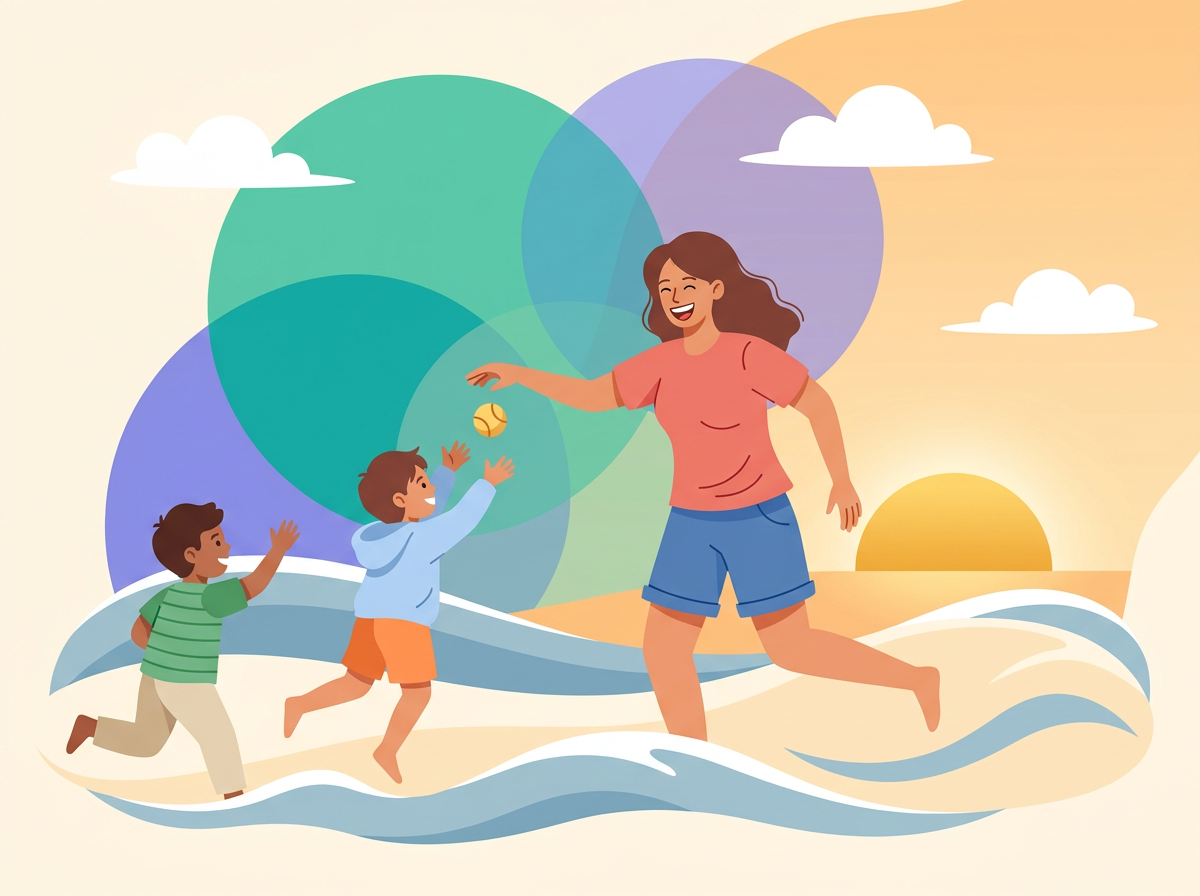 Illustration of a mother playing ball on the beach with her two children