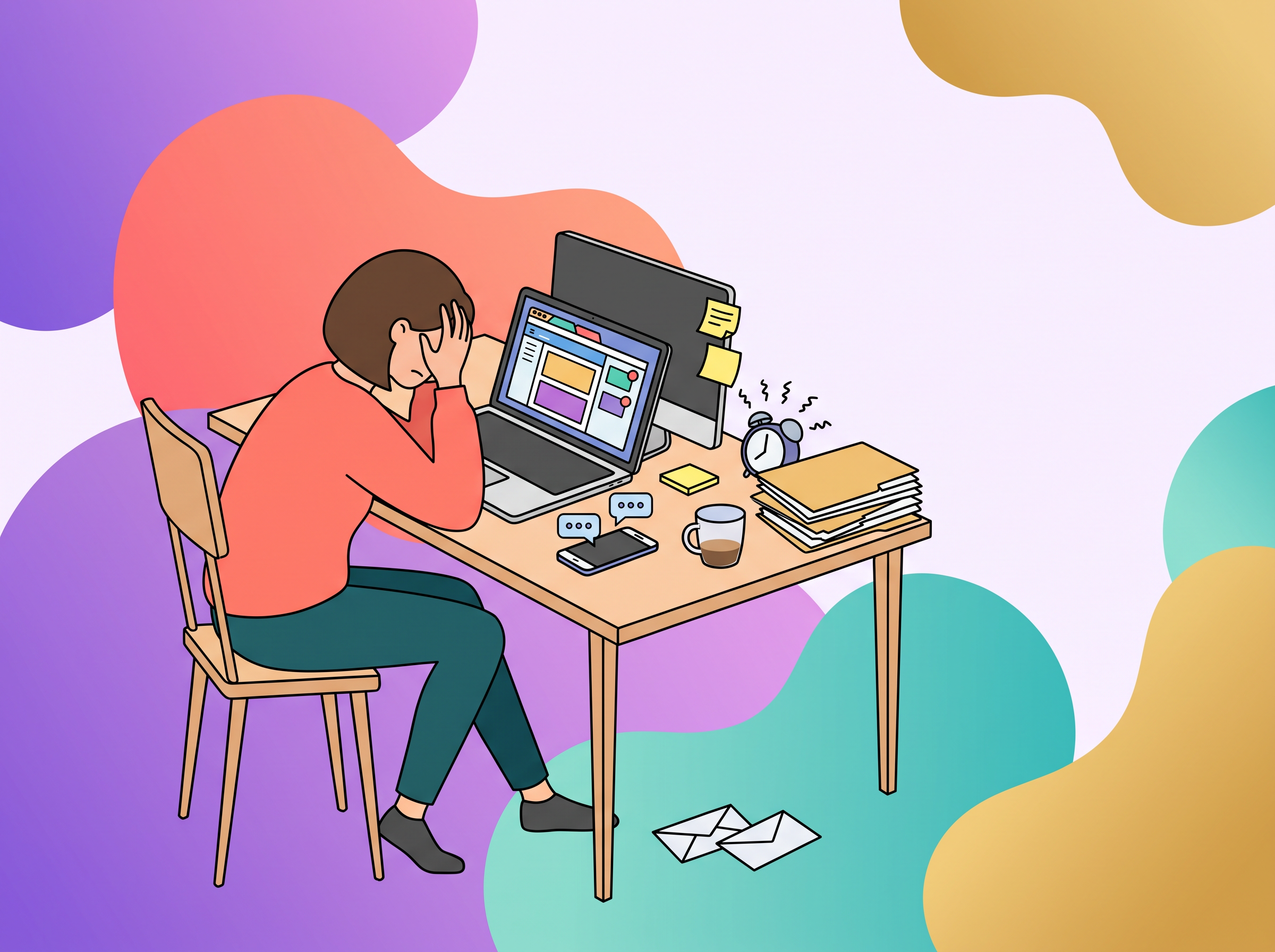 Parent feeling overwhelmed at a desk covered in papers, sticky notes and phone notifications
