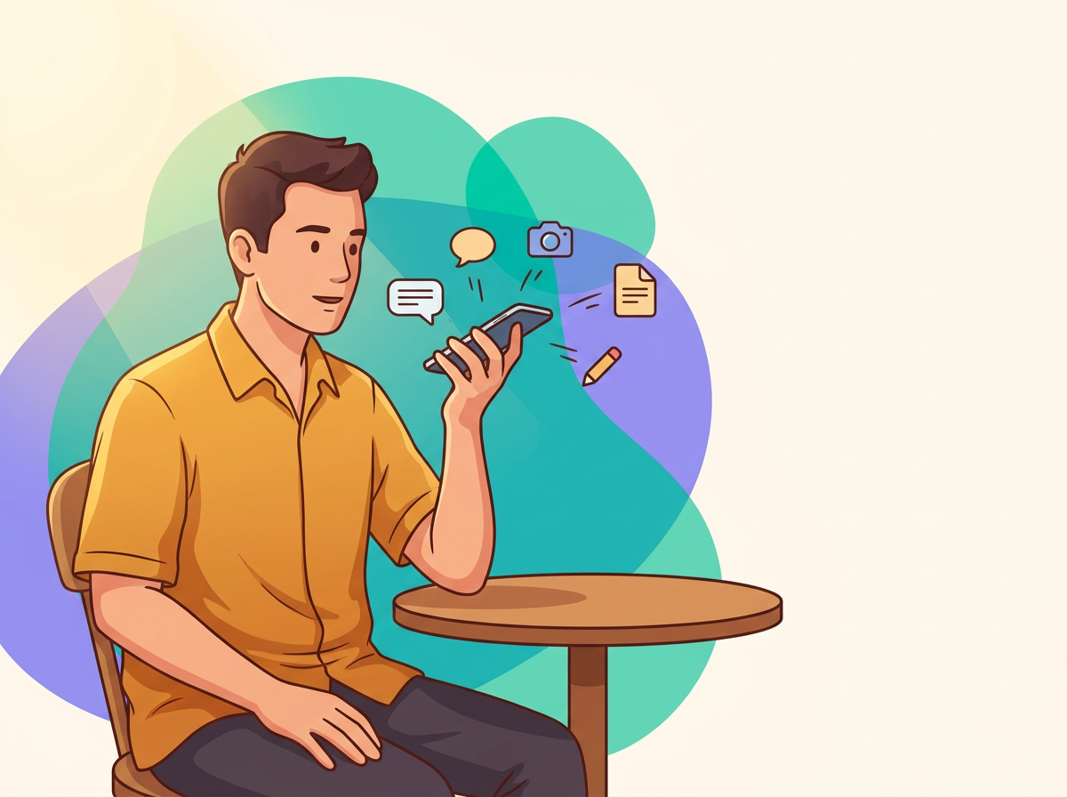 Illustration of a parent speaking a voice note into their phone while messages, photos, documents and notes flow into it
